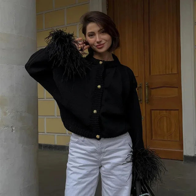 BKQU Feather Patchwork Knitted Cardigan Women Fashion Long Sleeve Single Breasted Short Loose Sweater Coats Elegant Street Tops