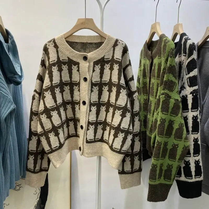 Woherb 2024 New Sweaterscoat Women Cute Cat Print Knitted Cardigan O-neck Sweet Sueter Fashion Loose Casual Jackets Pull Femme