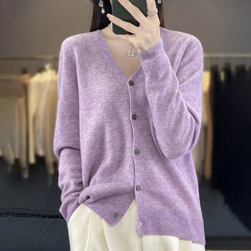 Basic V-Neck 100% Merino Wool Sweater Women Knitted Cashmere Cardigan Spring Autumn Female Knitwear Clothing Tops