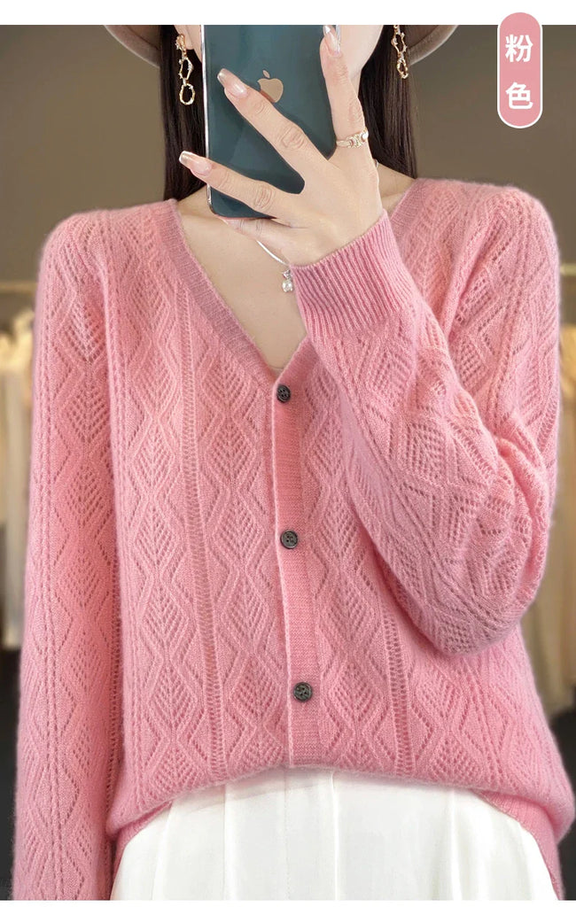 Women's V-Neck Spring and Autumn 100% Wool Cashmere Cardigan Women's Knit Sweater Super Soft Loose Large Size Long Sleeve Shirt