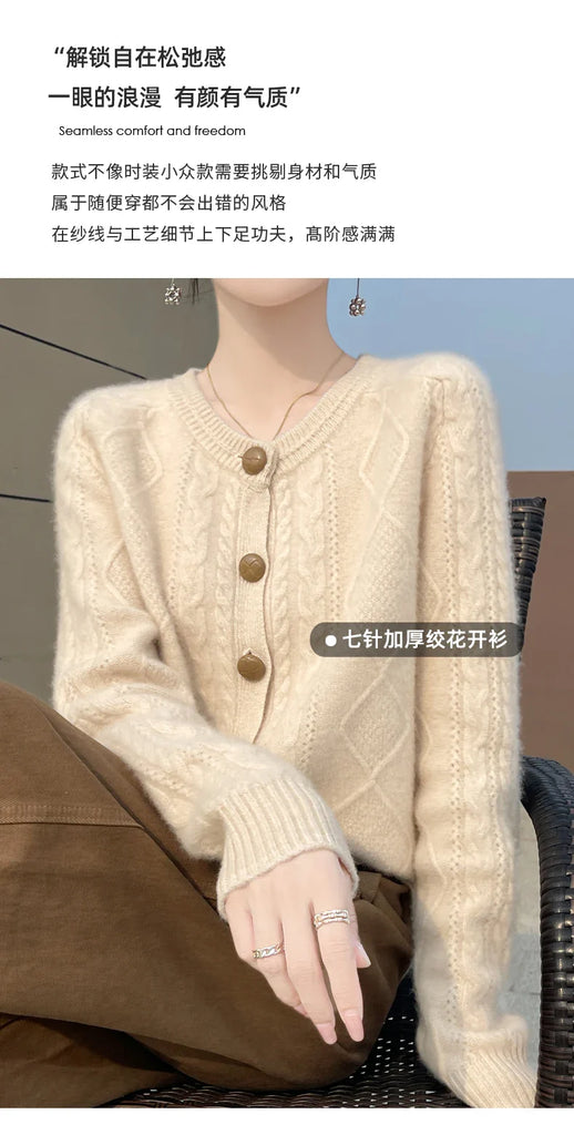 Autumn Winter New Thick Sweater For Women 100% Merino Wool Cardigan O-Neck Long Sleeve Twist Flower Warm Cashmere Knitwear Tops