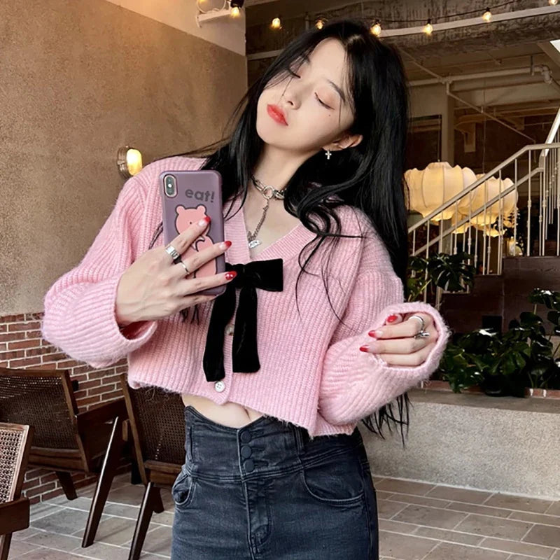 Autumn Sweet Bow Knitted Cardigan Women V-neck Long Sleeve Casual Loose Knitwear