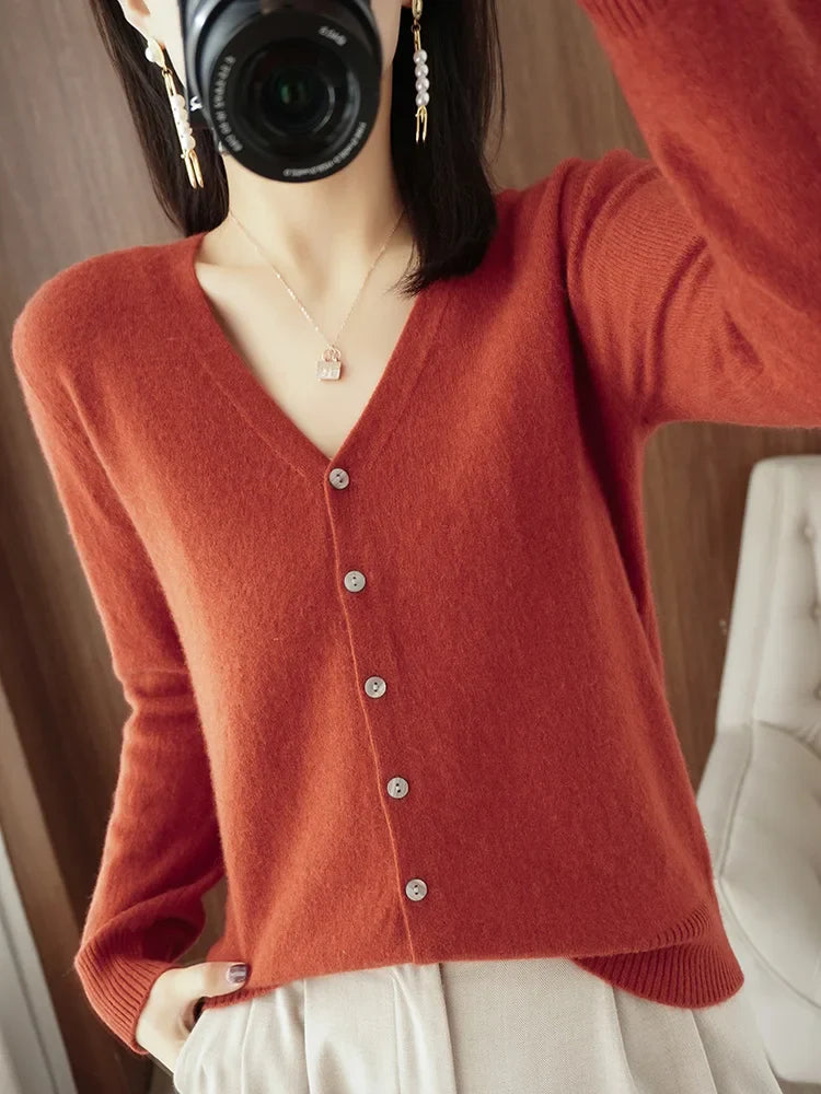 Classic Basic Merino Wool Women Sweater Autum Winter V-Neck Solid Office Lady Knitted Cardigan Long Sleeve Korean Clothing Tops
