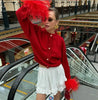 BKQU Feather Patchwork Knitted Cardigan Women Fashion Long Sleeve Single Breasted Short Loose Sweater Coats Elegant Street Tops