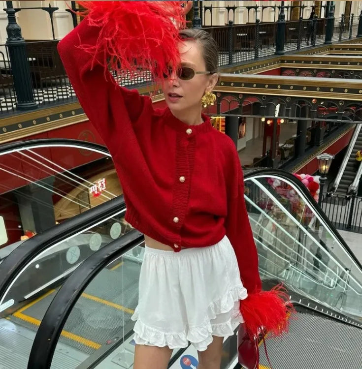 BKQU Feather Patchwork Knitted Cardigan Women Fashion Long Sleeve Single Breasted Short Loose Sweater Coats Elegant Street Tops