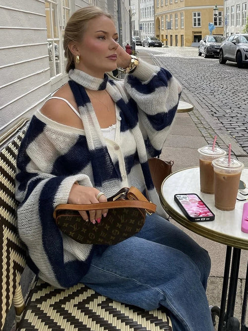 Fantoye Knit Striped Two Piece Sets Cardigan Women Sweater With Scarf Long Sleeve Button Sweater Winter Loose Casual Streetwear