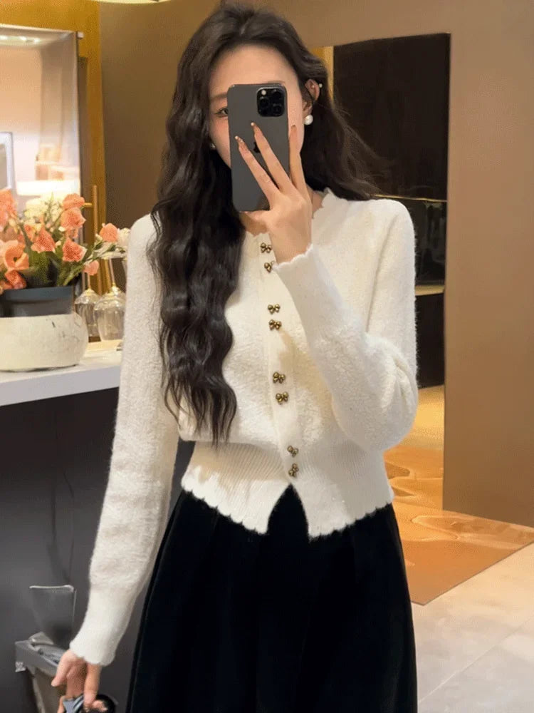 Early Autumn 2024 Red Knitted Cardigan Sweater Jacket Women Short Long Sleeved White Women Cardigan Crop Top pull coreen