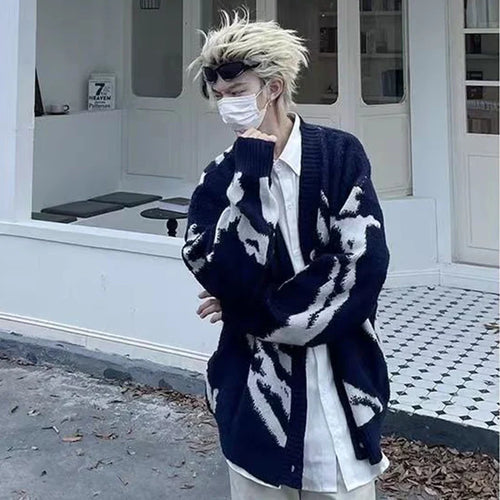 American Vintage Flocking Cardigan Knit Sweater Men's Clothing Loose Oversized Winter Cardigans Coats Y2k Hip-Hop Streetwear