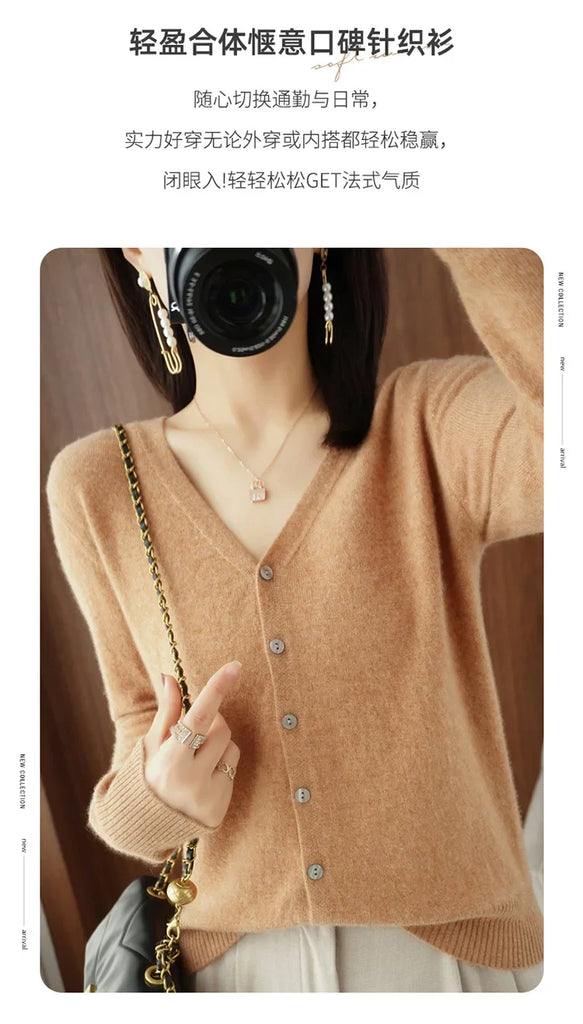 Classic Basic Merino Wool Women Sweater Autum Winter V-Neck Solid Office Lady Knitted Cardigan Long Sleeve Korean Clothing Tops