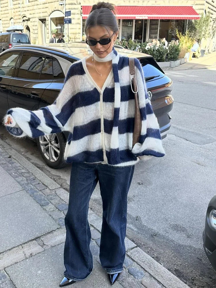 Fantoye Knit Striped Two Piece Sets Cardigan Women Sweater With Scarf Long Sleeve Button Sweater Winter Loose Casual Streetwear