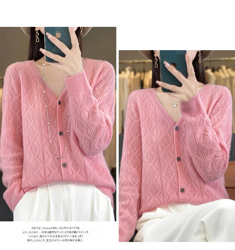Women's V-Neck Spring and Autumn 100% Wool Cashmere Cardigan Women's Knit Sweater Super Soft Loose Large Size Long Sleeve Shirt