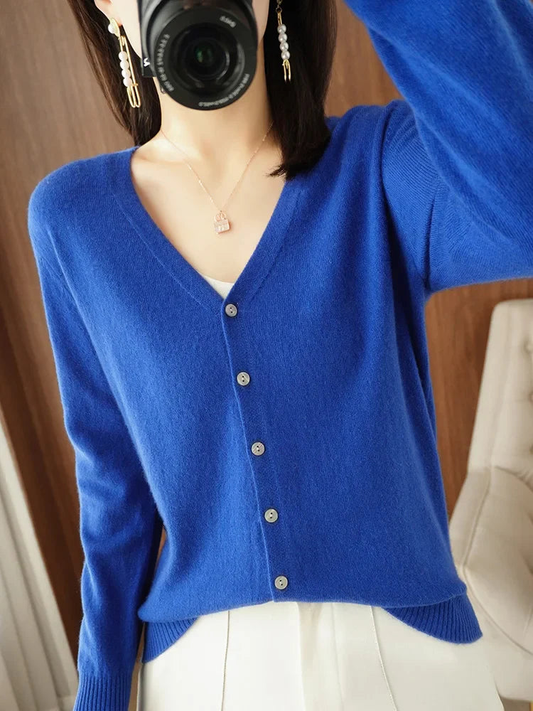 Classic Basic Merino Wool Women Sweater Autum Winter V-Neck Solid Office Lady Knitted Cardigan Long Sleeve Korean Clothing Tops