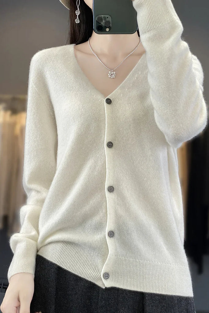 Basic V-Neck 100% Merino Wool Sweater Women Knitted Cashmere Cardigan Spring Autumn Female Knitwear Clothing Tops