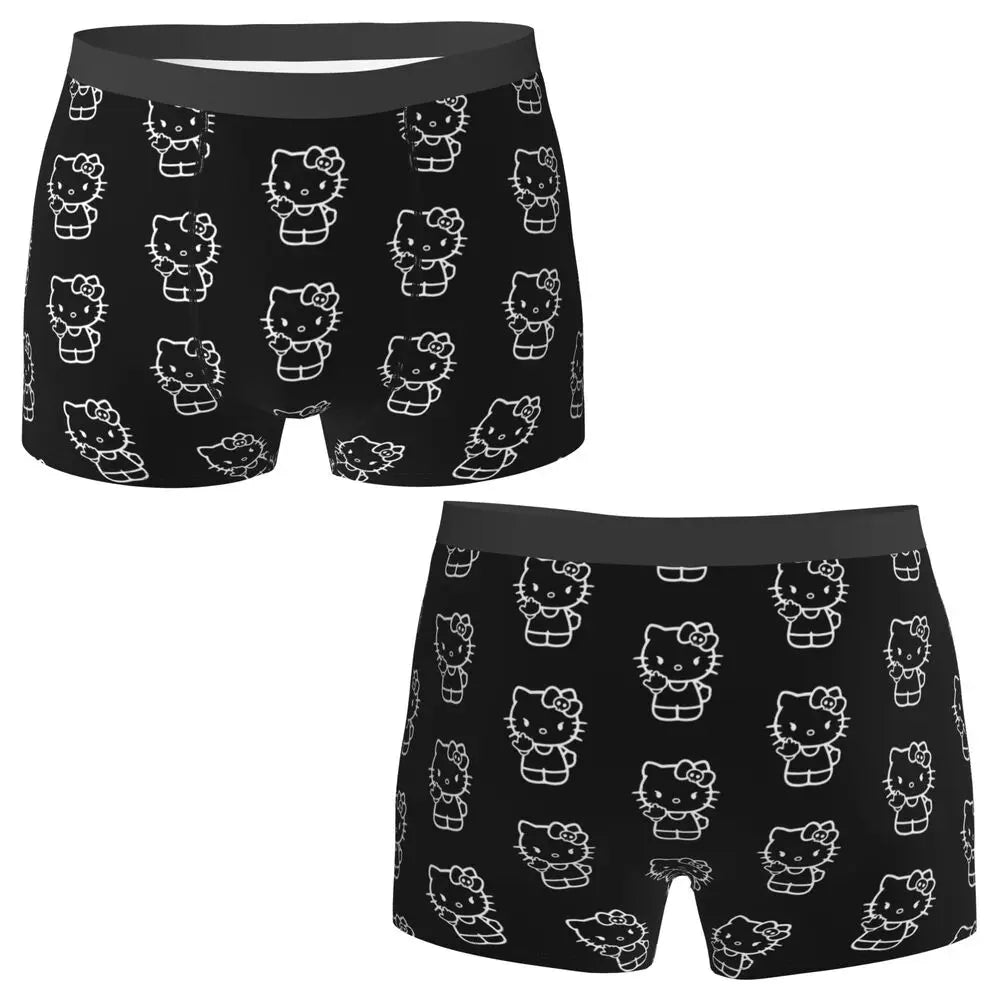 Black Hello Kitty Middle Finger  Underwear Print Trunk Trenky Men's Underpants Elastic Shorts Briefs Gift