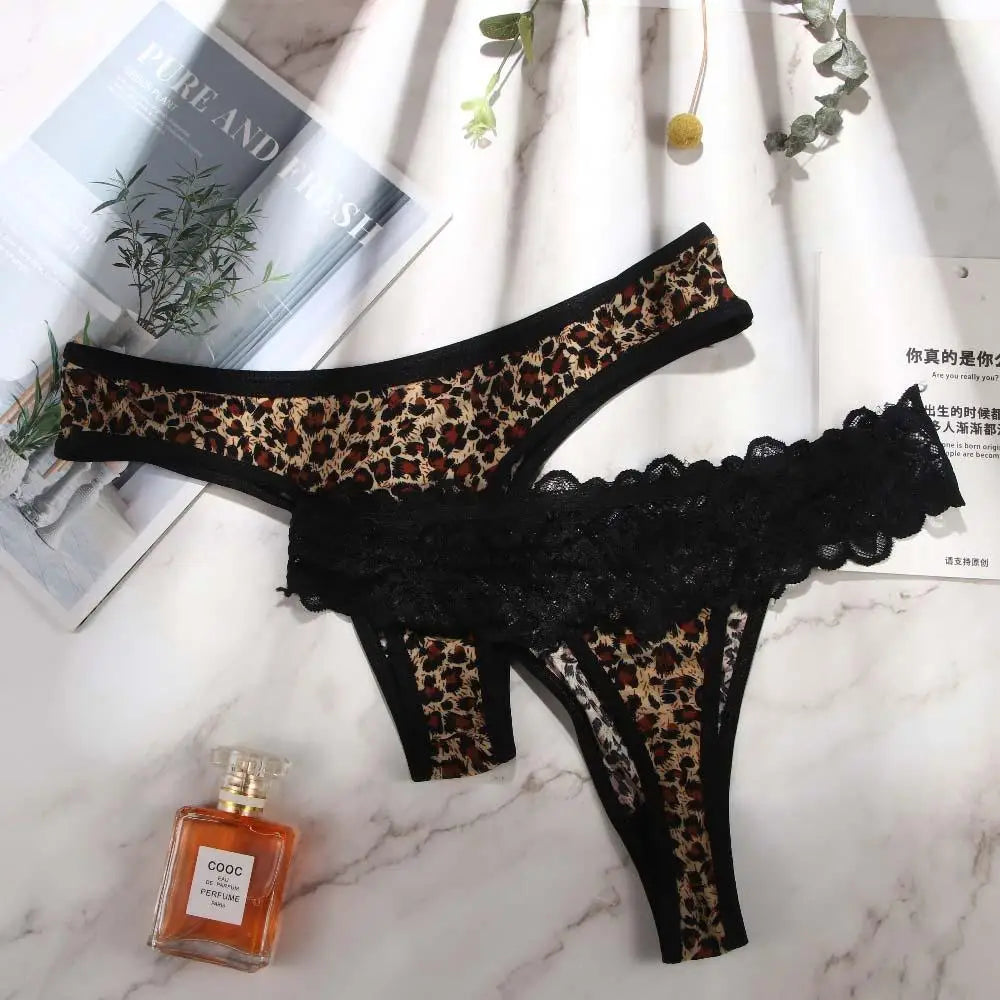 Sexy Bownot Low waist Leopard Briefs Lace Thongs Leopard Panties Underwear