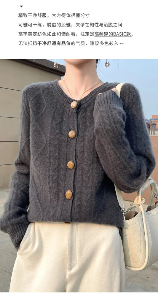Autumn Winter New Thick Sweater For Women 100% Merino Wool Cardigan O-Neck Long Sleeve Twist Flower Warm Cashmere Knitwear Tops