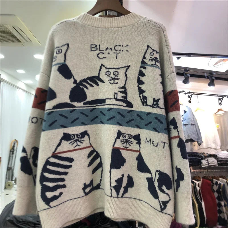 Fall Women Clothing Cute Cartoon Cat Crochet Floral Cardigan Oversized Outwear Korean Knit Sweater Coat Pull Femme