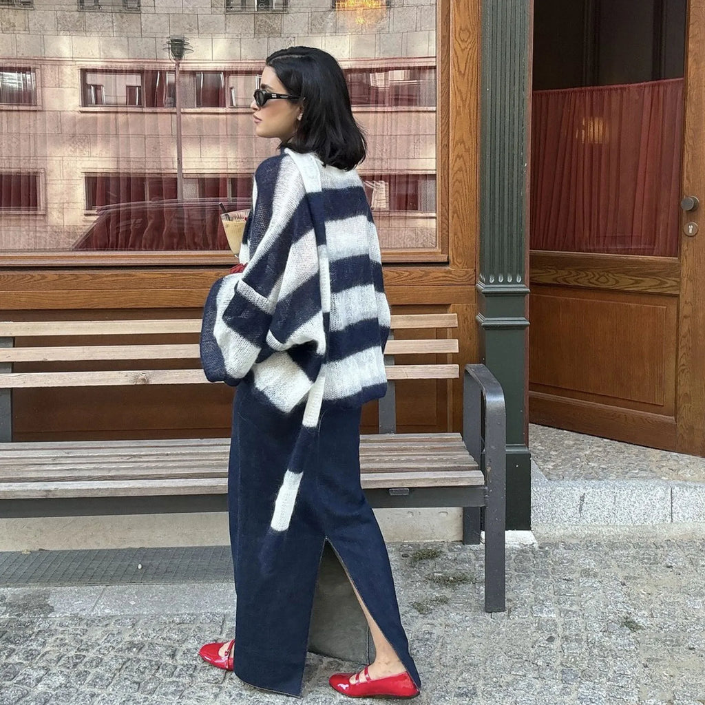 Fantoye Knit Striped Two Piece Sets Cardigan Women Sweater With Scarf Long Sleeve Button Sweater Winter Loose Casual Streetwear