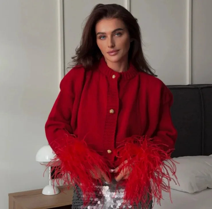 BKQU Feather Patchwork Knitted Cardigan Women Fashion Long Sleeve Single Breasted Short Loose Sweater Coats Elegant Street Tops