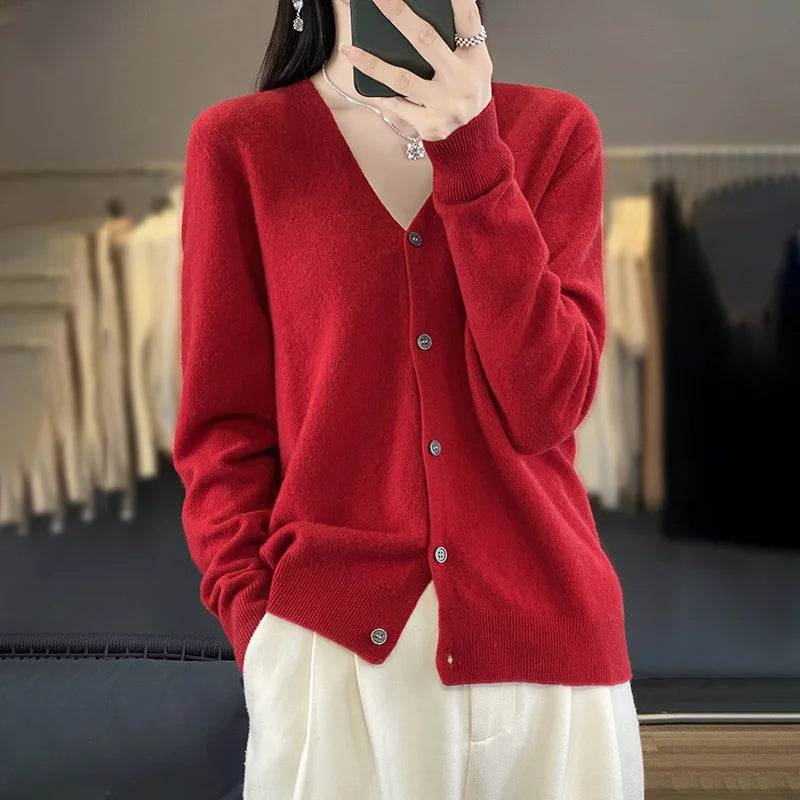 Basic V-Neck 100% Merino Wool Sweater Women Knitted Cashmere Cardigan Spring Autumn Female Knitwear Clothing Tops
