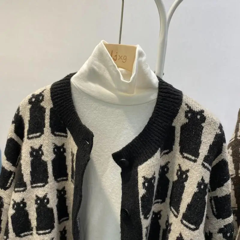Woherb 2024 New Sweaterscoat Women Cute Cat Print Knitted Cardigan O-neck Sweet Sueter Fashion Loose Casual Jackets Pull Femme