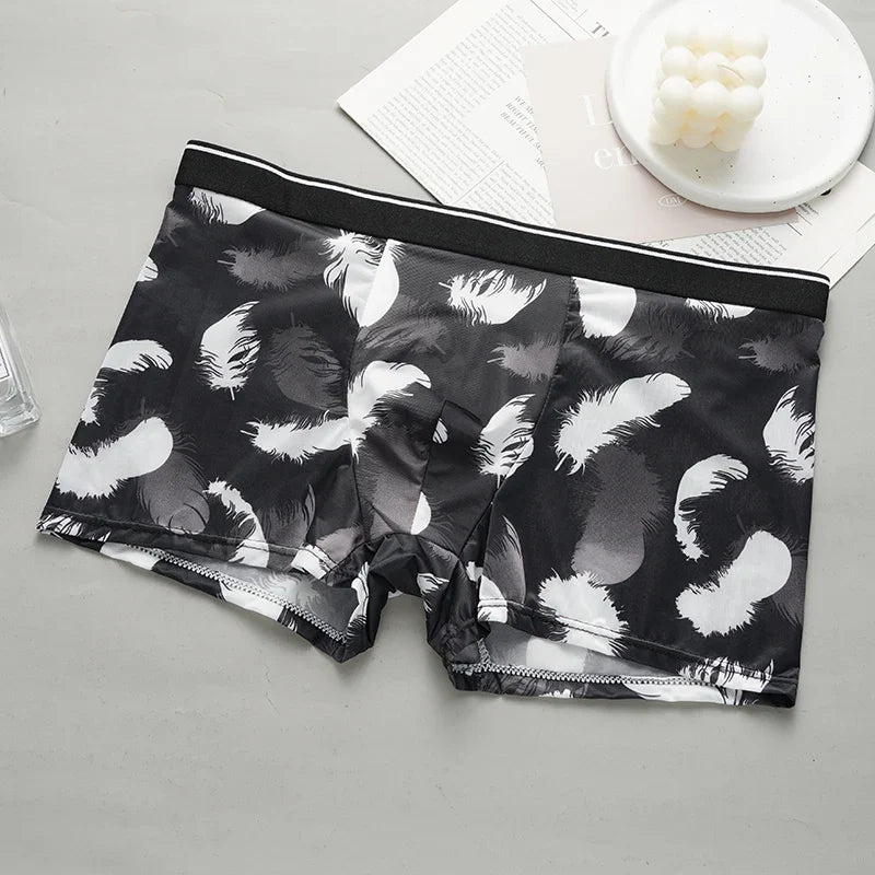 Men's Printed Boxer Briefs Shorts Ice Silk Sexy Seamless Underwear Underpants Ultra-thin Breathable Panties