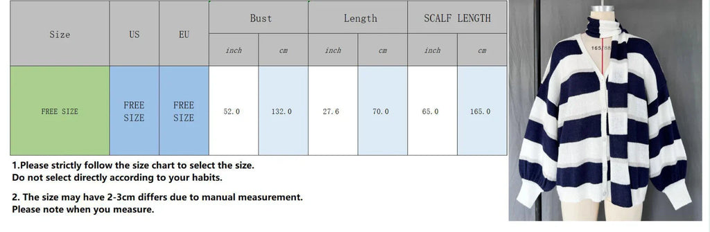 Fantoye Knit Striped Two Piece Sets Cardigan Women Sweater With Scarf Long Sleeve Button Sweater Winter Loose Casual Streetwear
