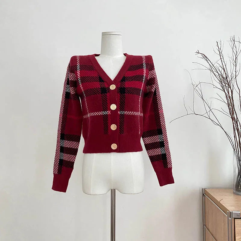 Autumn Winter New Fashion Plaid V-neck Knitted Cardigan Women's Clothing Vintage Slim Soft Wool Sweater Commute Thick Tops