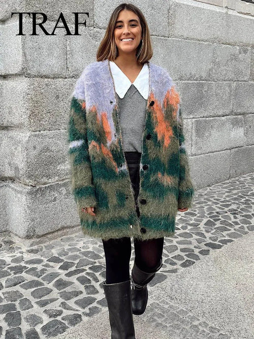 TRAF Fall Female Casual Printed Knitted Cardigan Colorful Loose V Neck Long Sweater High Street Fashion Woman's Vintage Coat