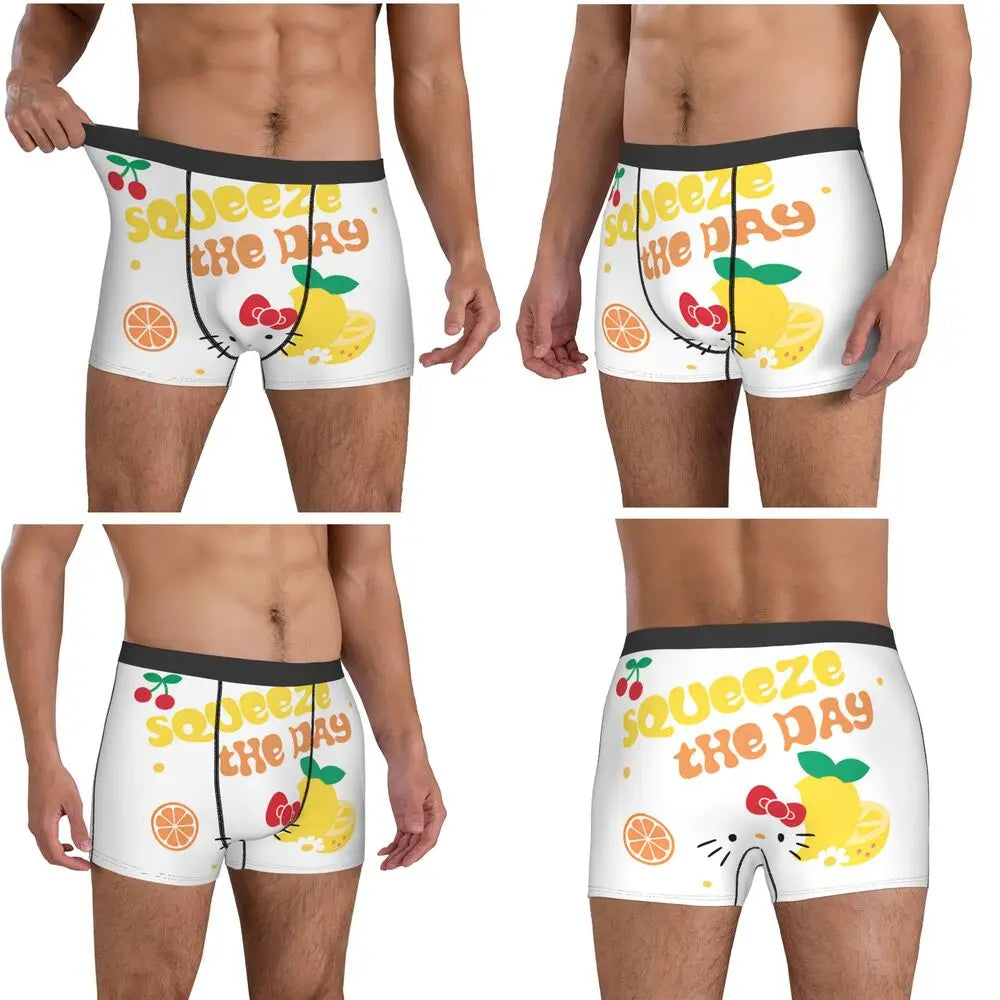 Black Hello Kitty Middle Finger  Underwear Print Trunk Trenky Men's Underpants Elastic Shorts Briefs Gift