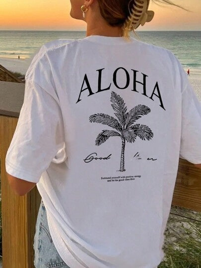 Women's Summer Palm Tree Print Wide Collar Pendant Short Sleeve