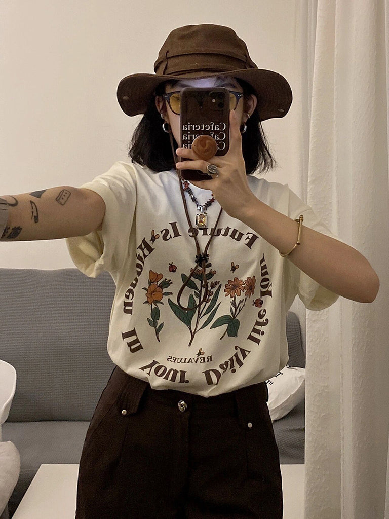 Women's Plus Size Half Sleeve Vintage Printed T-shirt