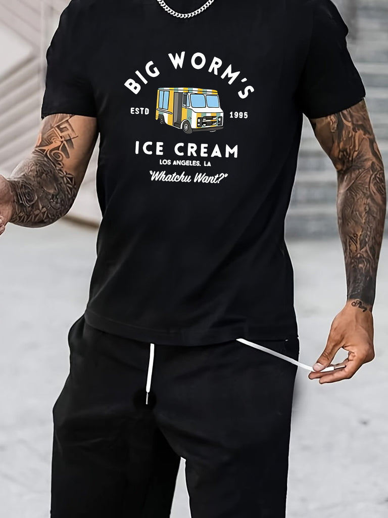 Men's Ice Cream Truck Pattern Printed Round Neck Short Sleeved T-shirt, Casual Summer T-shirt, Suitable For Daily Wear And Vacation Destinations