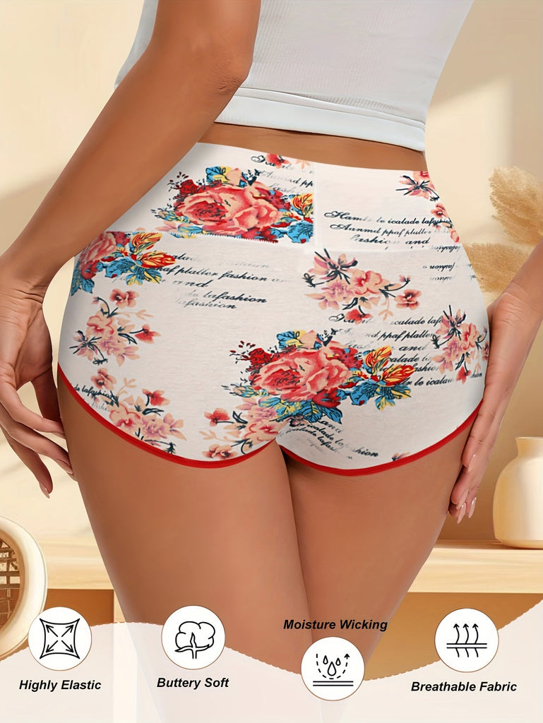 4pcs New Fashion Floral Print Comfortable Women'S High Waist Briefs, Comfortable Breathable Stretch Underwear, Women'S Underwear And Lingerie, Comfortable For Daily Wear