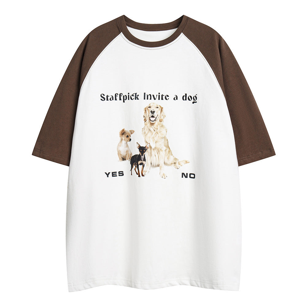 Animal Puppy Printed Color Matching Short Sleeve Men