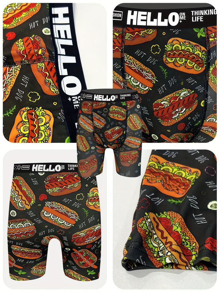 3/5pcs random, creative food graffiti printing, long boxer shorts, breathable, comfortable and high elastic, long boxer swimwear, sports shorts, Men's novel underwear