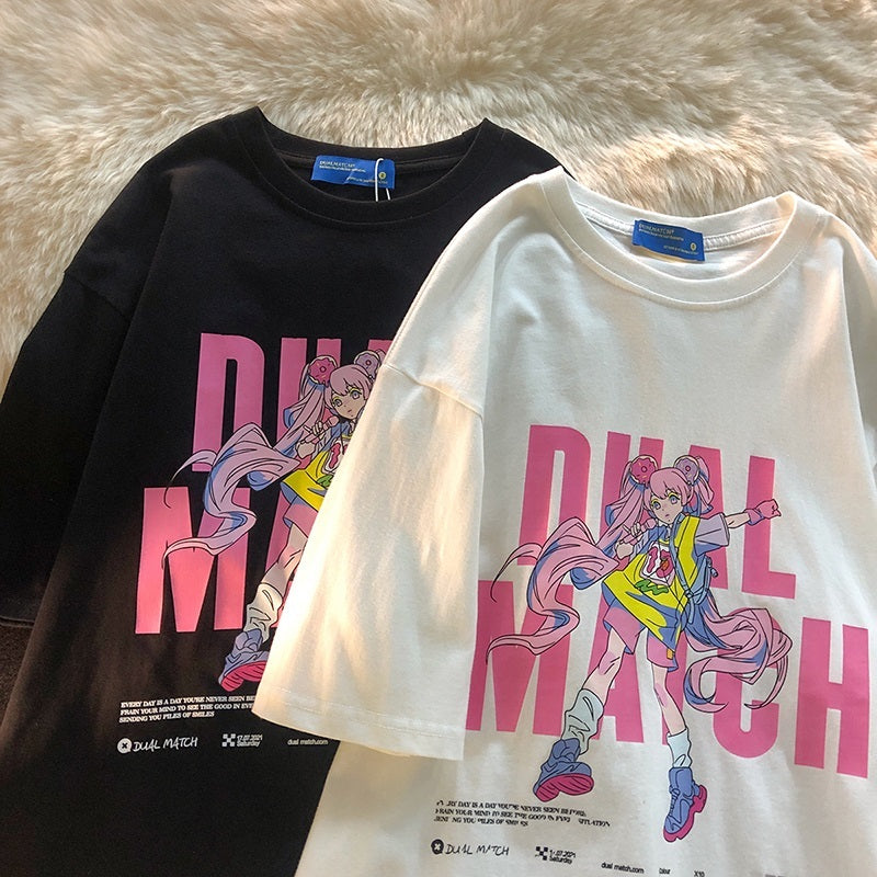 White Large Cartoon T-shirt Women's Cotton Short Sleeve