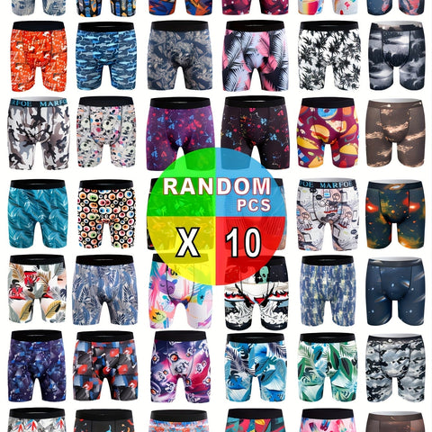 10-Pack Men'S Fashion Boxer Briefs - Casual Polyester Knit Fabric Shortie Panties with Medium Stretch, Random Print Patterns, Comfortable and Quick-Drying Underwear for Sports, Beach, Swimming