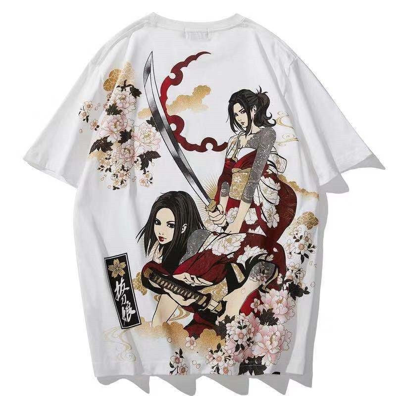 Men's Japanese-style Tattoo T-shirt Cherry Blossom Pattern Top