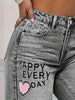 1pc Elegant Low Waist Wide Leg Jeans, DK8130, Ripped Denim with Printed Accents, Non-Stretch Solid Color, Button Fly, Long Pants for Weekend Casual, All Seasons