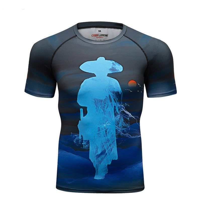 3D Digital Printing Short Sleeve Trendy Men's Quick-drying Fitness Tights