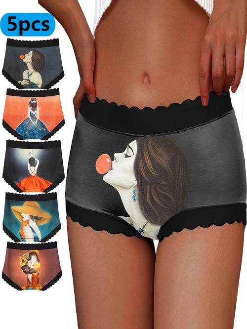 5pcs Women'S Lace Bikini Panties, Mid-Rise Seamless Knit Fabric Underwear, Cute Beauty Portrait Print, Comfort Stretch with Nylon-Cotton Lining, with Contrast Lace Detail, for 29.13