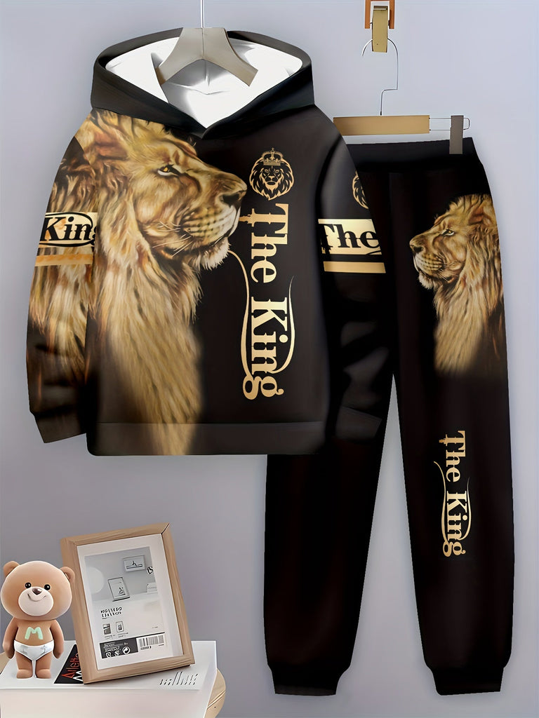 Boys' 3D Lion Print Hoodie & Joggers Set - Casual, Comfy Polyester Outfit for Spring/Fall, New Style, Sports, Perfect for Outdoor