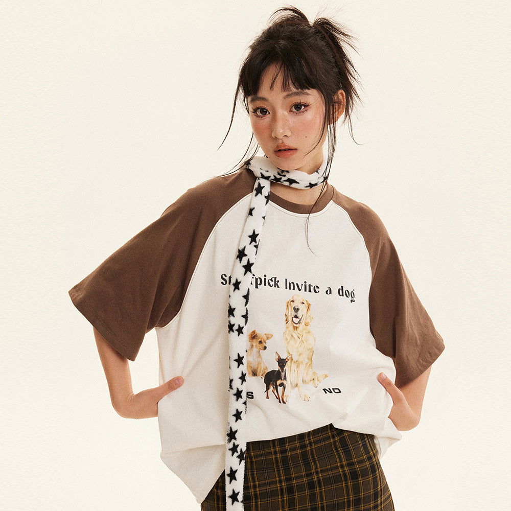 Animal Puppy Printed Color Matching Short Sleeve Men