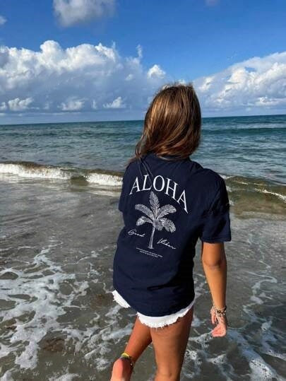 Women's Summer Palm Tree Print Wide Collar Pendant Short Sleeve