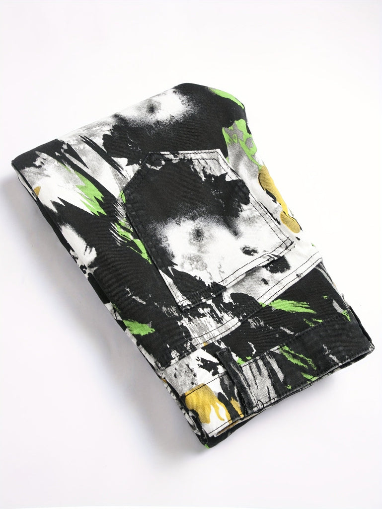 Men's Stylish Floral Print Jeans - Comfortable, Loose-Fit Denim with Pockets, Machine Washable - For Fashionable Men - Suitable for Casual Wear - Great Gift for Birthday or Holiday