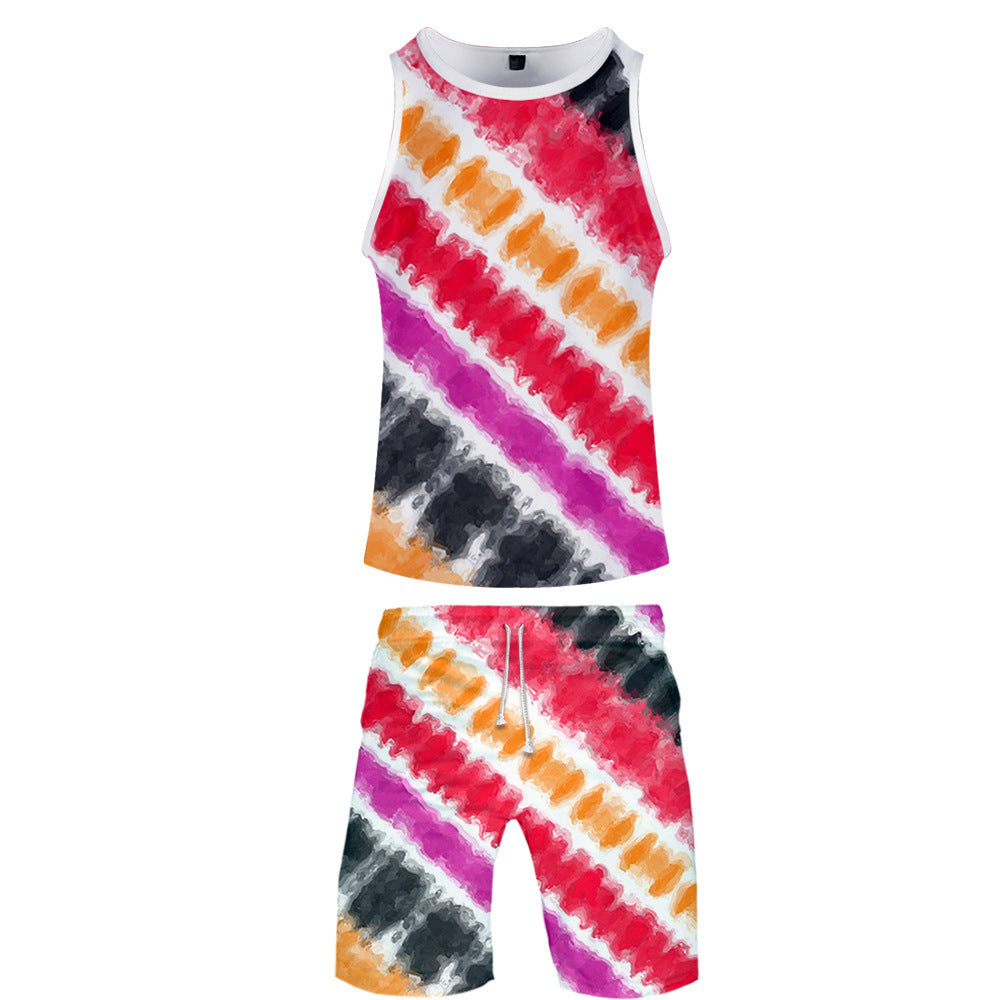 Peripheral 3D Color Printing Vest  Beach Pants Set