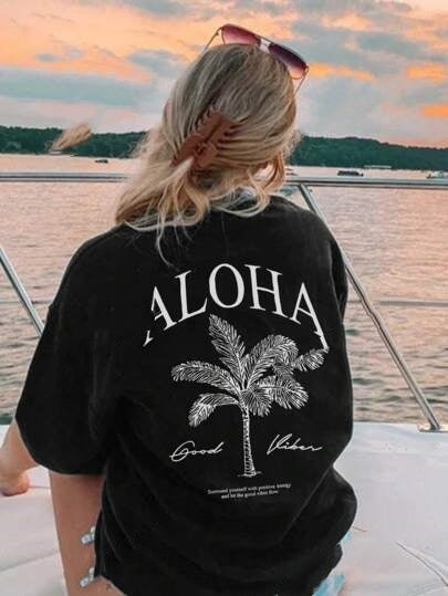 Women's Summer Palm Tree Print Wide Collar Pendant Short Sleeve