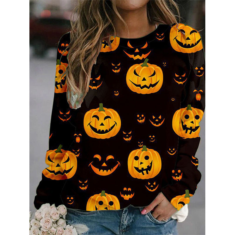 Style Trendy Line Fashion Round Neck Halloween Pumpkin Lamp T-shirt Girl Loose Top