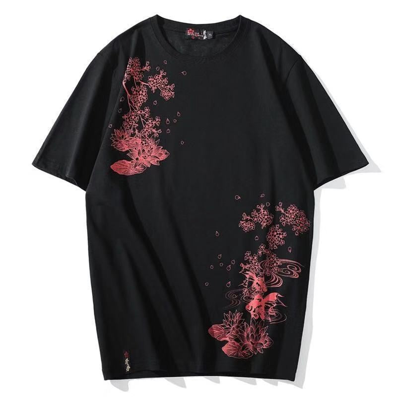 Men's Japanese-style Tattoo T-shirt Cherry Blossom Pattern Top